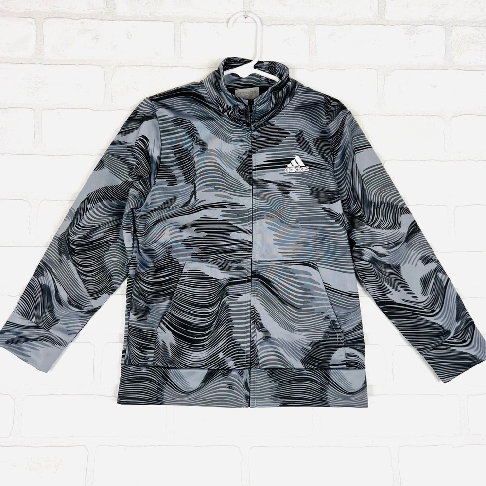 Adidas Boys Grey Black Wave Print Full Zip Track Jacket Size 5 Mock Neck
